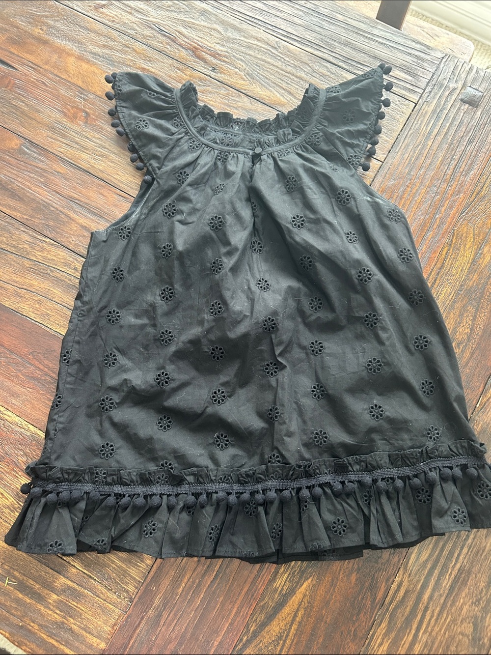 J. Crew Black Eyelet Pom-Pom Ruffle Tank